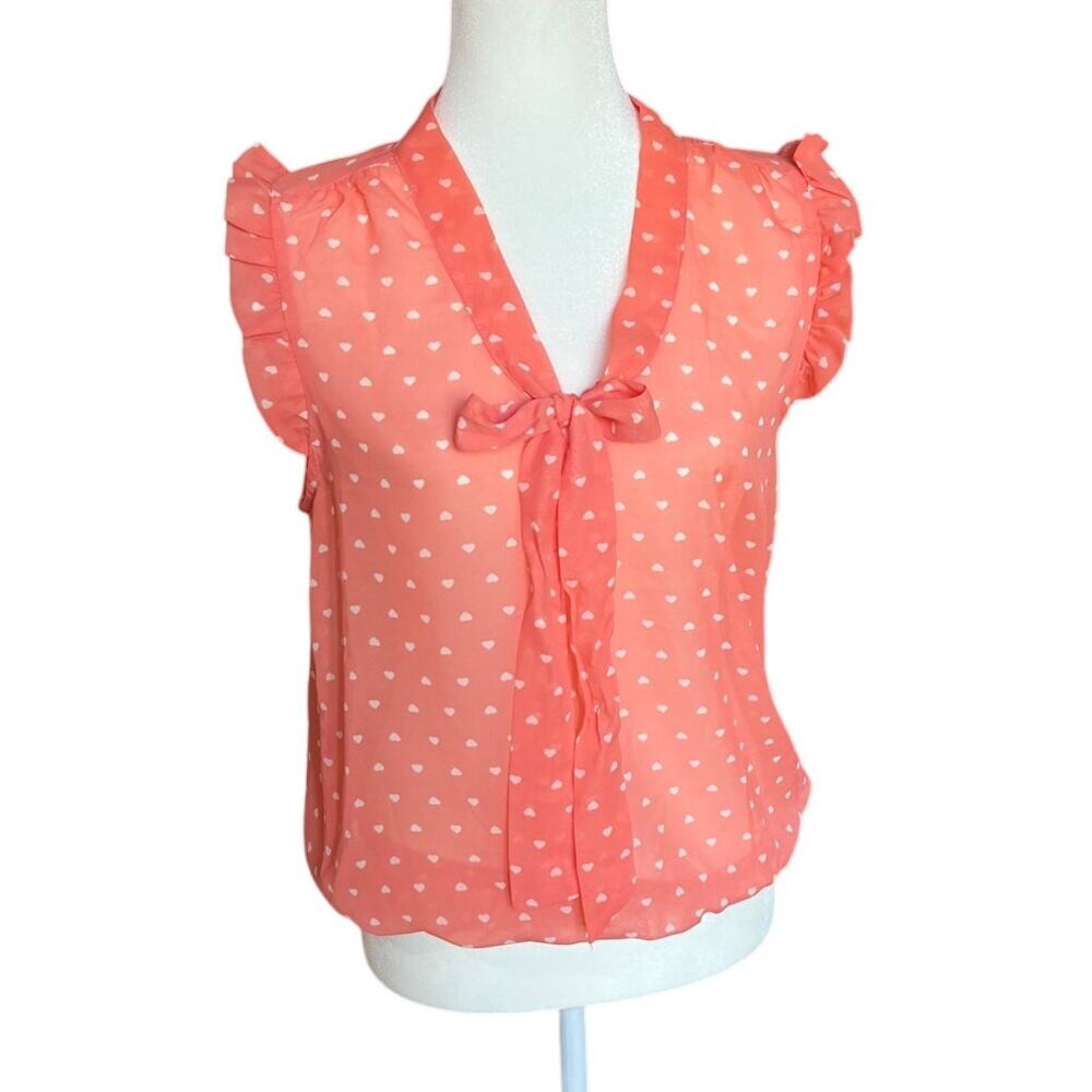 Eyelash Couture Sleeveless Sheer Peachy Pink Heart Blouse Women's Size M Ruffles